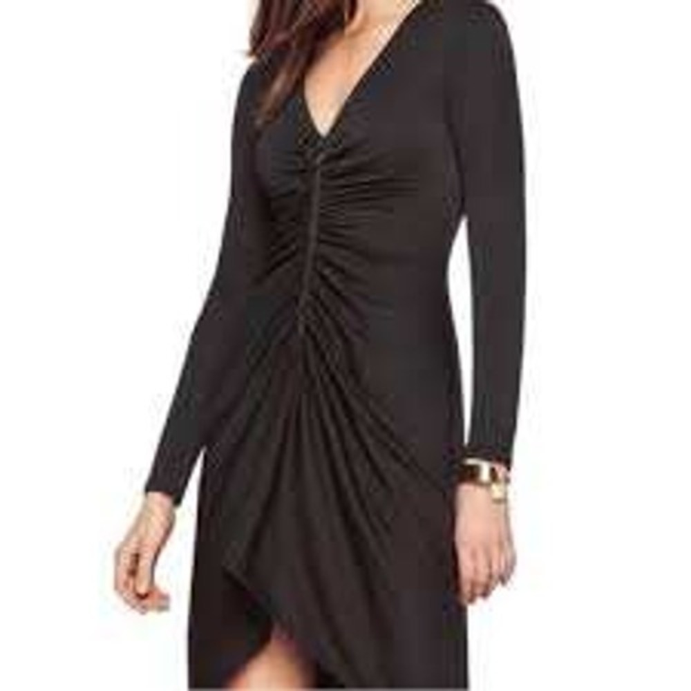 BCBGMAXAZRIA Black Long Sleeve Ruched Zipper Front Maxi Dress Size L